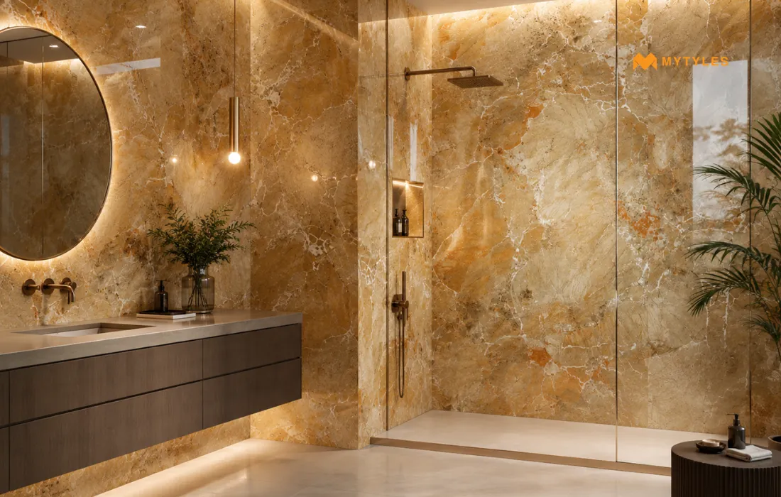 Glossy tile in bathroom wall